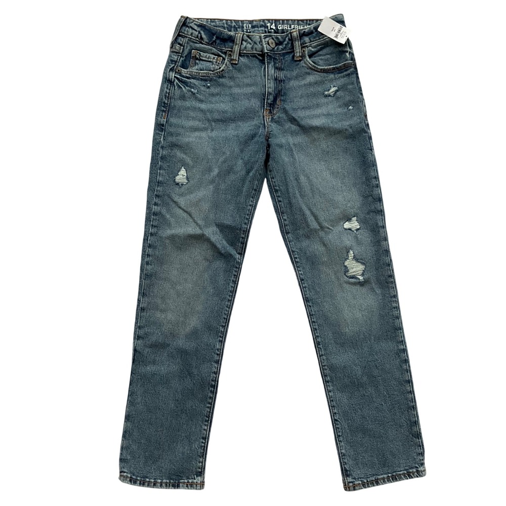 New Gap Kids Girlfriend Slim Distressed Jeans Medium Wash Blue Denim Sz 14 Slim